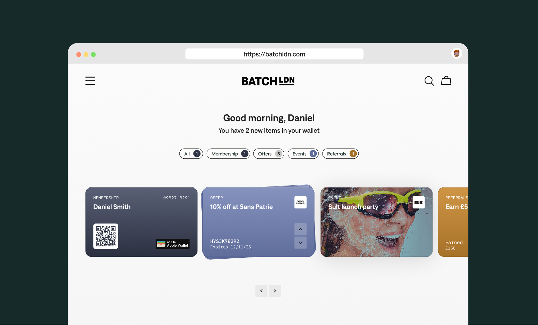 Glu wallet embedded within Shopify account area